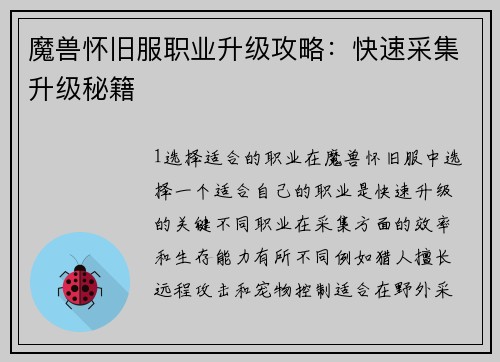 魔兽怀旧服职业升级攻略：快速采集升级秘籍